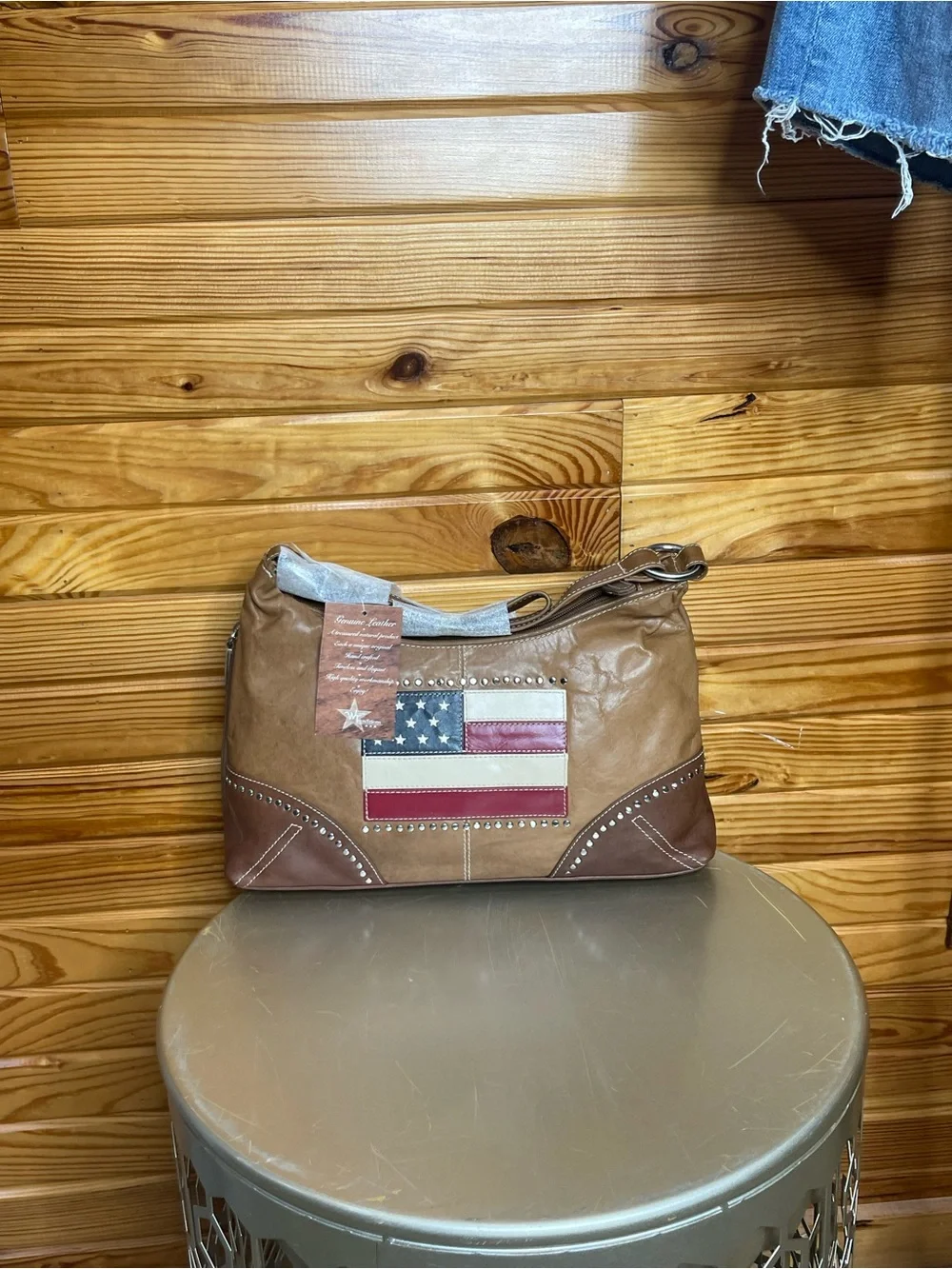 Western Trenditions Women's Brown Leather Patriotic Bag with American Flag